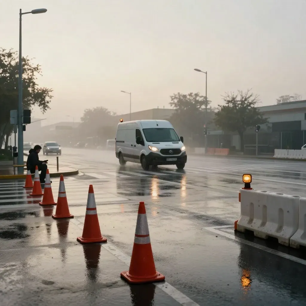 Cruce urbano mojado con conos naranjas, balizas ámbar y furgoneta guiada en un solo carril.