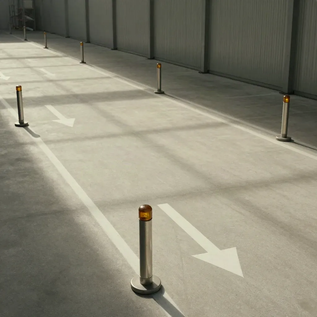 Cruce de almacén con postes guía, flechas y marcas limpias sobre suelo de concreto.