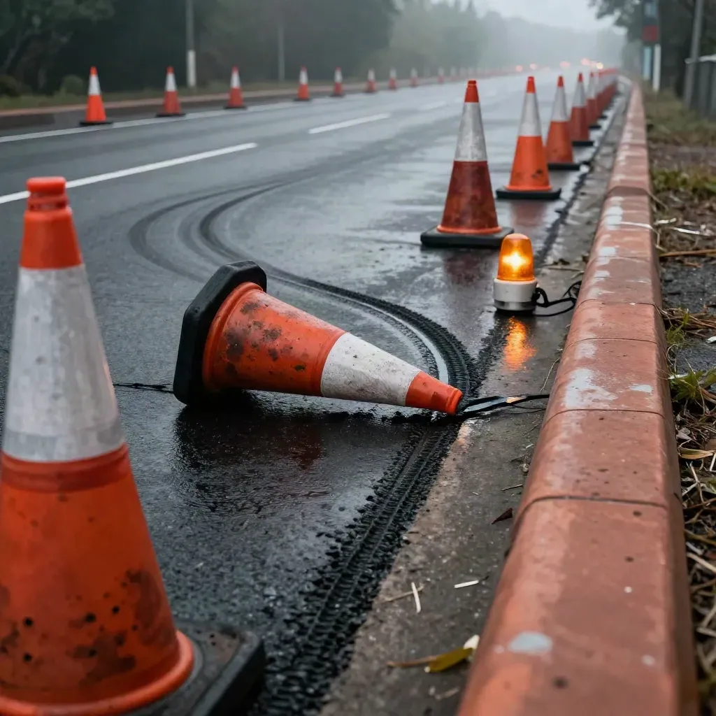 Cono volcado, barrera abierta y marcas de frenada en asfalto húmedo de noche.