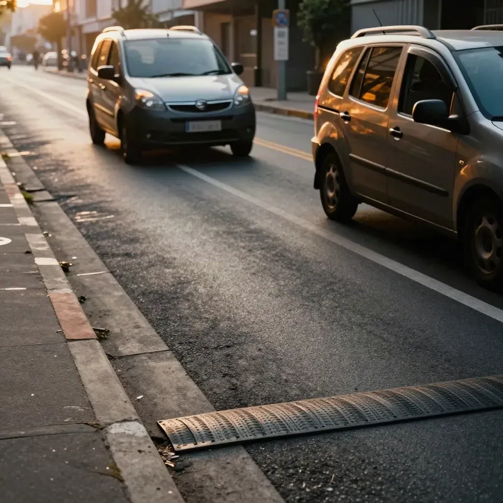 Calle interna con badenes y dos vehículos pasando despacio bajo el calor del asfalto.