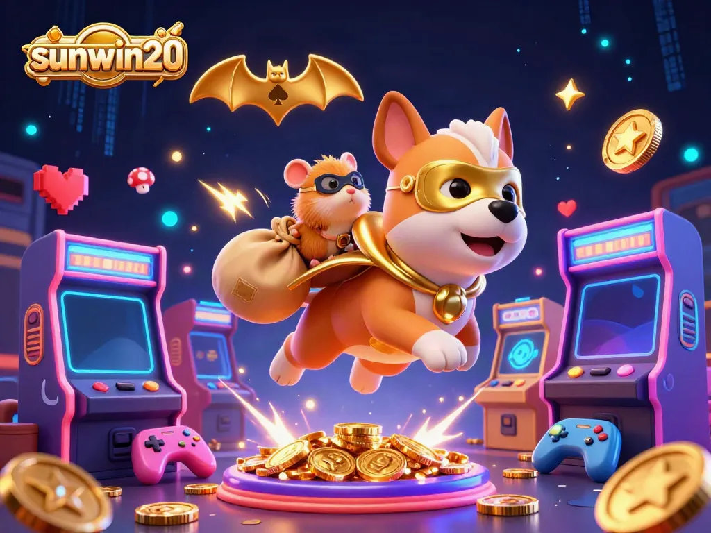 Experience thrilling gameplay with sunwin20 as a superhero dog carries gold coins amidst neon gaming elements.