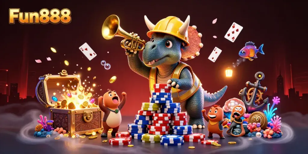 Engage with Fun888 in a lively casino scene of a triceratops building poker chip pyramids.