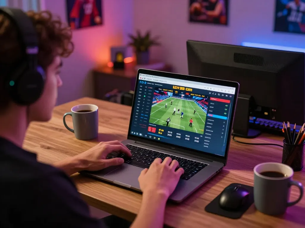 Engaging in sports betting on SC88 Com from a cozy home setup, featuring live odds on laptop.