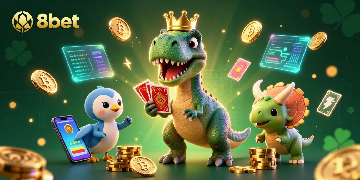 Join the fun at 88bet with a cartoon T-Rex and friends in a crypto casino scene.