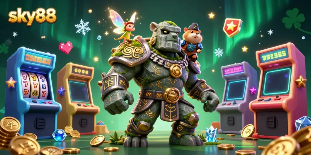 Experience excitement with sky88's vibrant casino animation featuring dynamic characters and gaming elements.