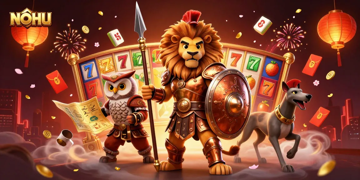 Engage with NOHU's vibrant slot games featuring a lion, owl, and greyhound amidst spinning reels and lucky symbols.
