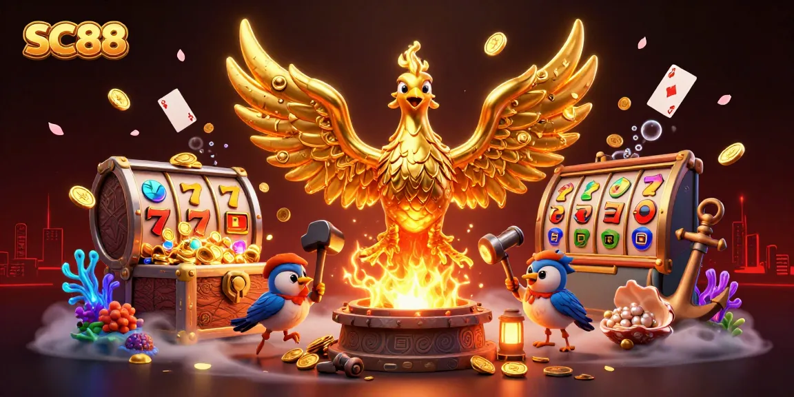 Engage in thrilling gameplay at SC88 with a phoenix rising from molten metal amidst dynamic casino elements.