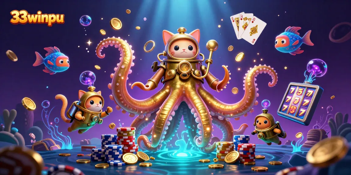 Experience thrilling games at 33winpu with a kraken guarding treasures and dazzling casino elements.