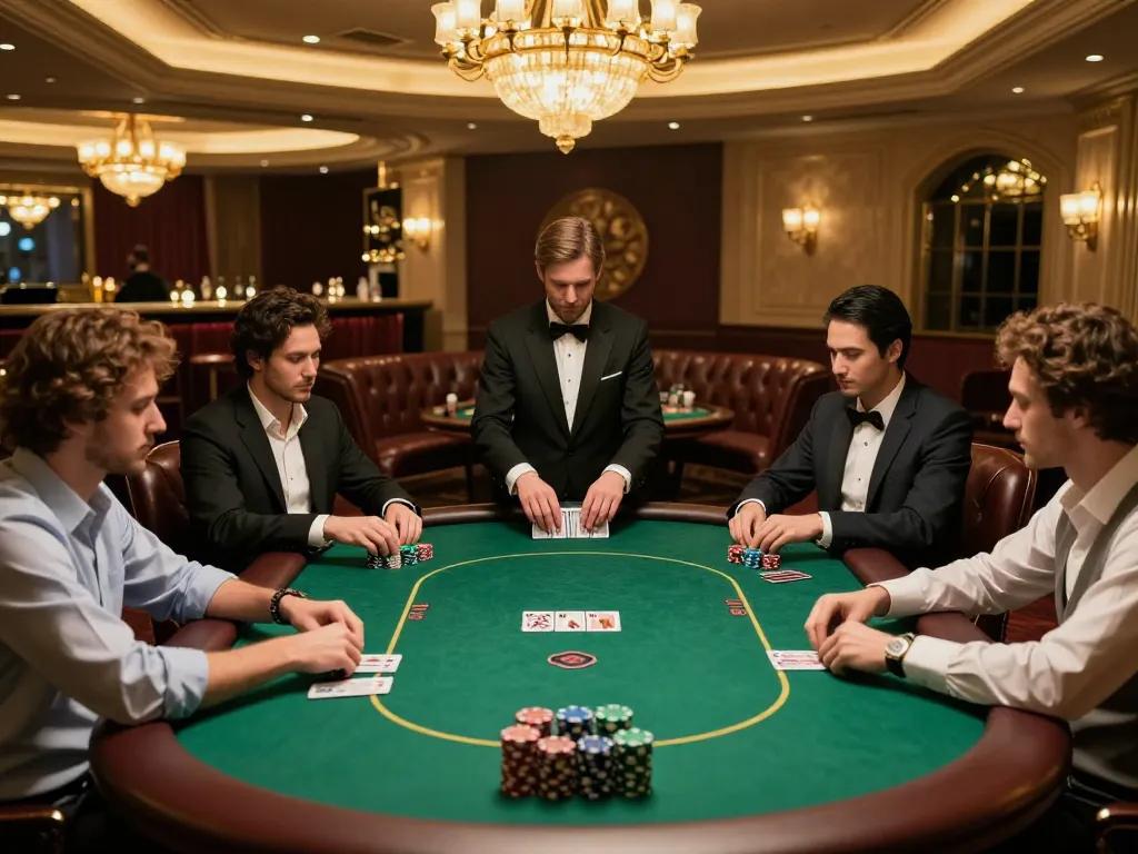 78WIN poker game in a luxurious VIP room, players engaged in high-stakes action with cards and chips.