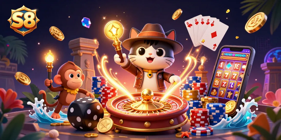 S8 captivates users exploring golden artifacts in a casino-themed scene filled with dazzling treasures.