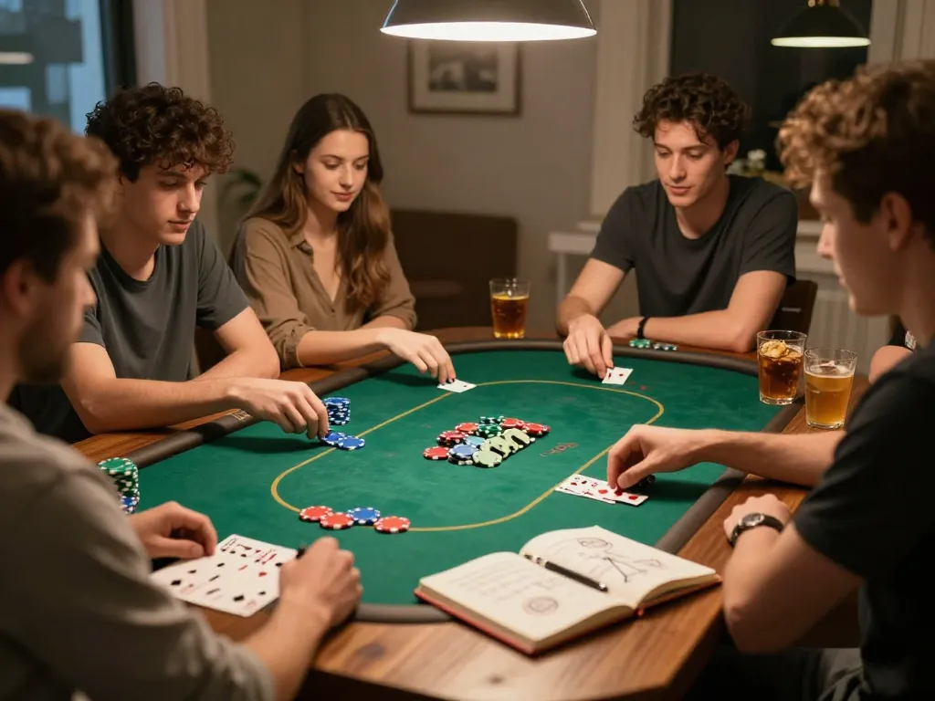Players engaging in an intense poker game at home, showcasing xx88 strategy notes and vibrant chips.