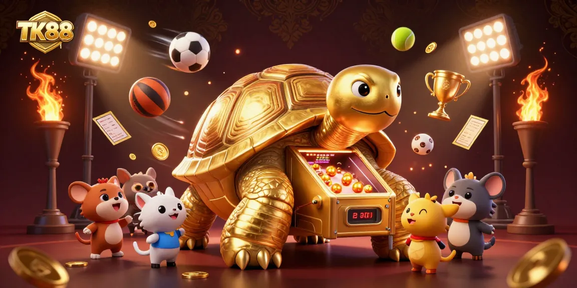 Engage with TK88's dynamic gaming action featuring a colossal gold tortoise and vibrant sports visuals.