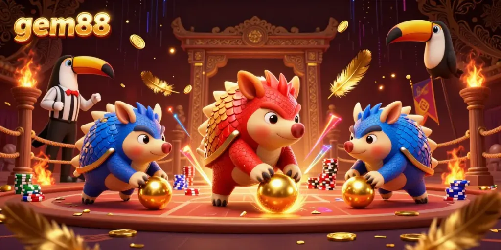 Experience exhilarating action with gem88's tournament as pangolins battle on a vibrant casino stage