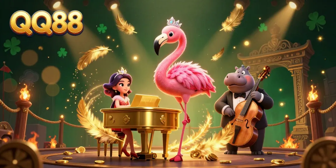 Experience thrilling moments with QQ88 at a vibrant casino featuring a flamingo singer and hippo bassist.