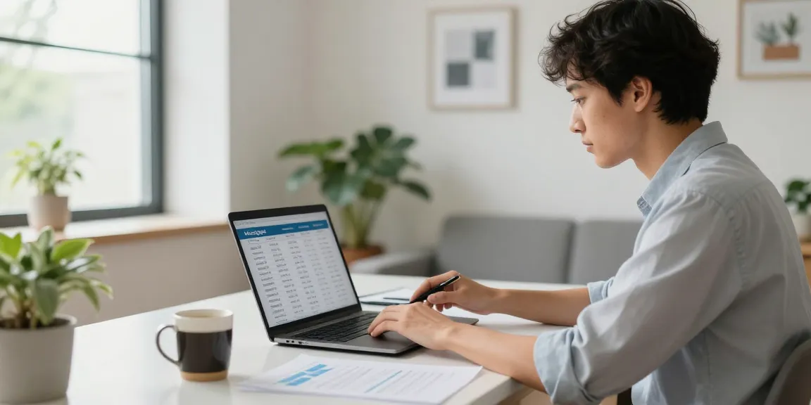 Calculating mortgage options using a mortgage calculator for calcular hipoteca in a modern home office.