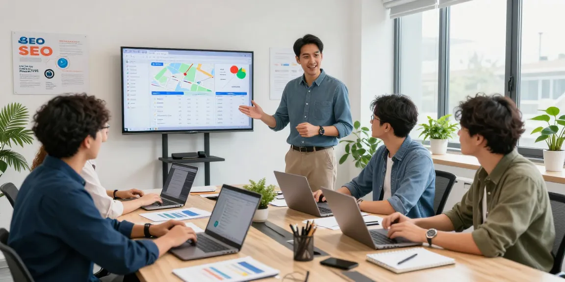 Servicios SEO locales: expertos en marketing digital analizando estrategias en oficina moderna.