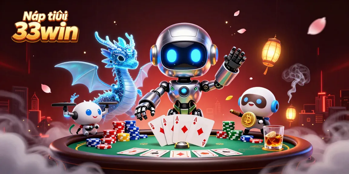 Engage with Nạp tiền 33win illustrated by a cyberpunk robot mascot at a vibrant poker scene.