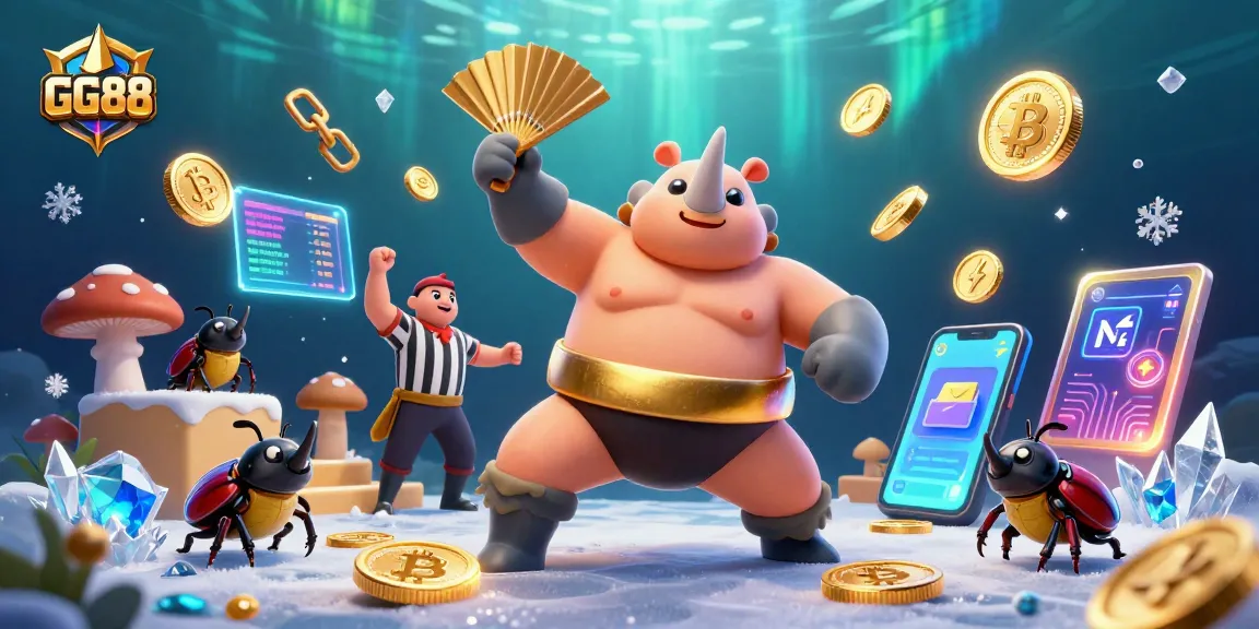 Experience the thrill of GG88 with a sumo beetle champion amid flying coins and crypto elements.