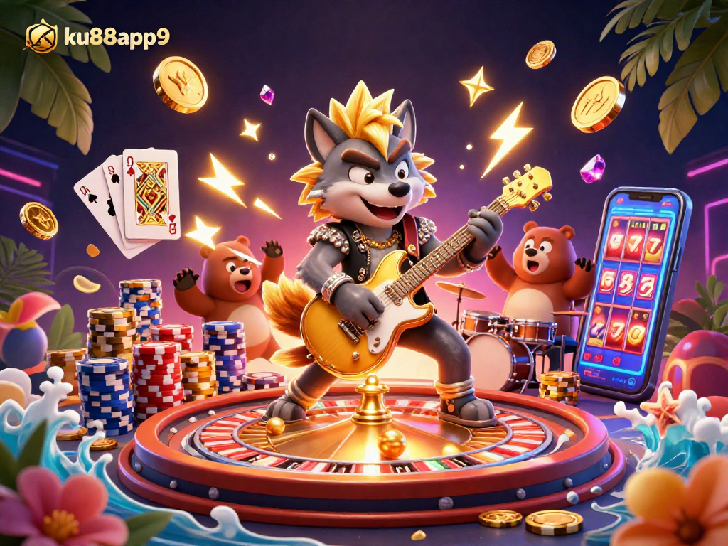 ku88app9 promotes gaming excitement with vibrant 3D illustrations showcasing dynamic casino elements.