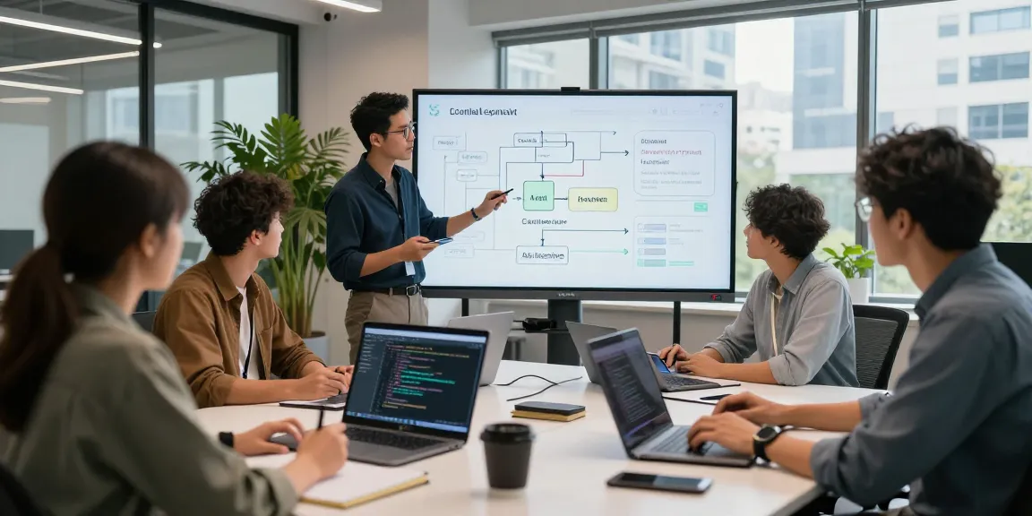 Team collaborating to build internal tools with AI in a modern office.