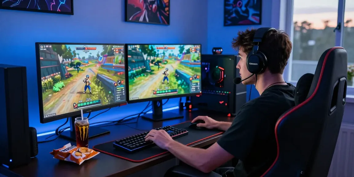 Gamer focused on a vibrant online session at https://xx88.se.net/ with dual monitors, LED lights, and gaming peripherals, reflecting an immersive gaming experience.