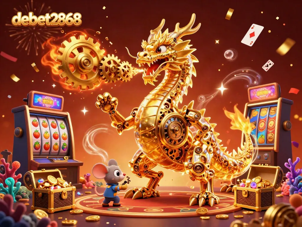 Engage in vibrant 3D casino action with debet2868 as a golden dragon breathes cogs and treasures!