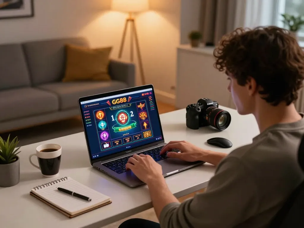 Player engaging with GG88 online casino on laptop in stylish home office, showcasing strategic gaming.