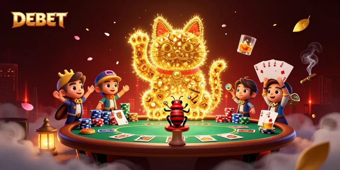 Experience engaging gaming at DEBET with a vibrant lucky cat and dynamic poker scene.