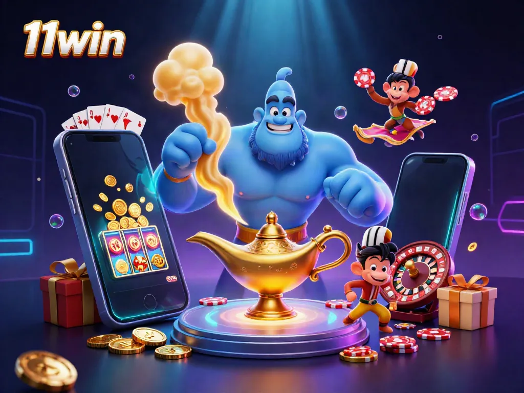 Witness the magical experience of 11win with a genie, monkey, and dynamic casino games.