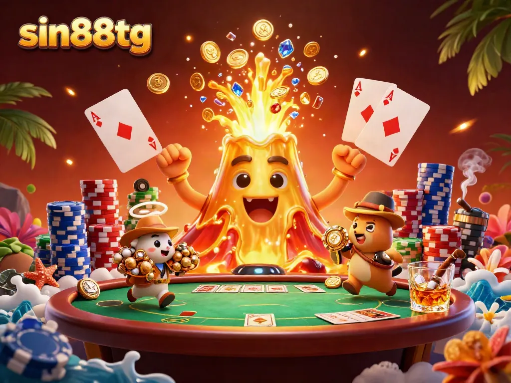 Win big with sin88tg in this vibrant casino scene featuring a golden volcano and poker elements.