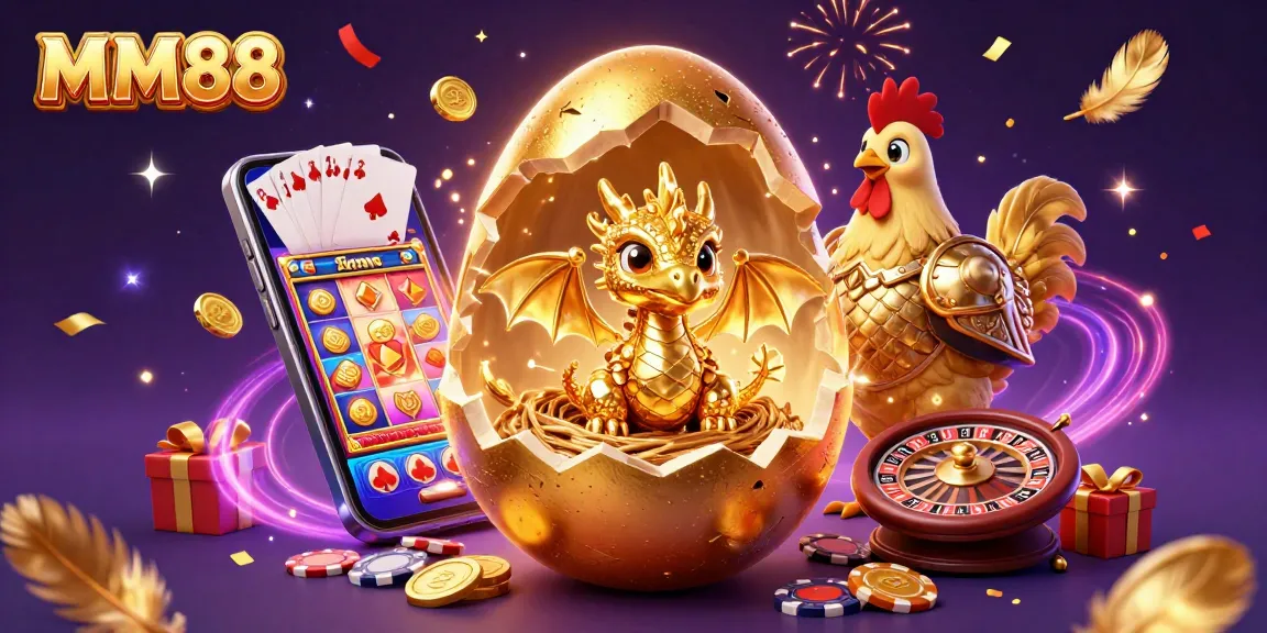 Engage with the immersive MM88 cartoon scene featuring a golden dragon amidst exhilarating casino elements.