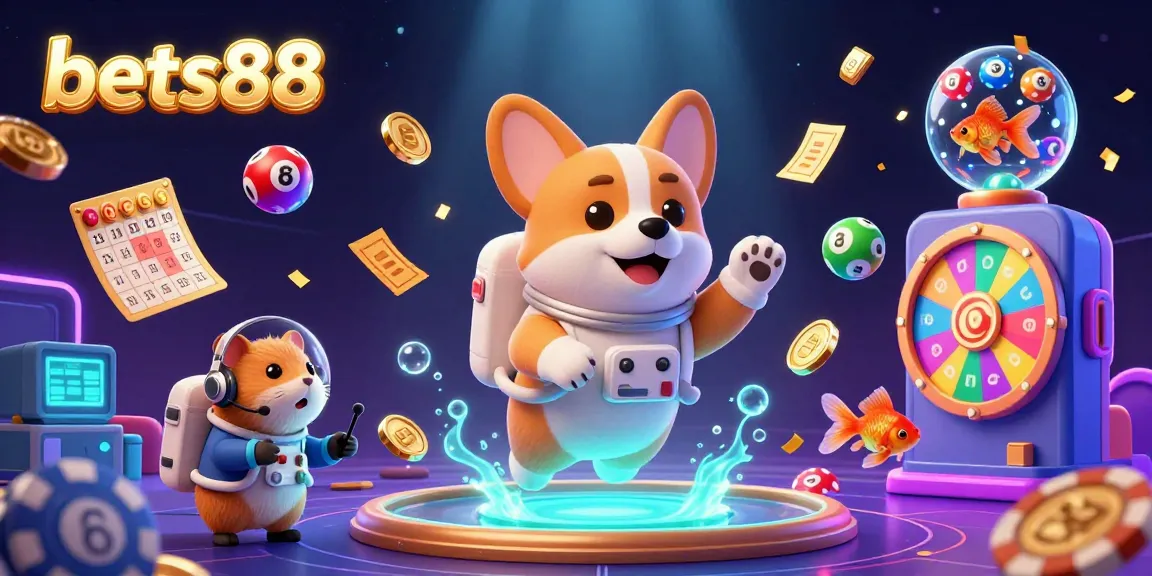 Bets88 features a dynamic 3D illustration with a floating astronaut corgi in a casino, surrounded by colorful lottery elements and glimmering coins.