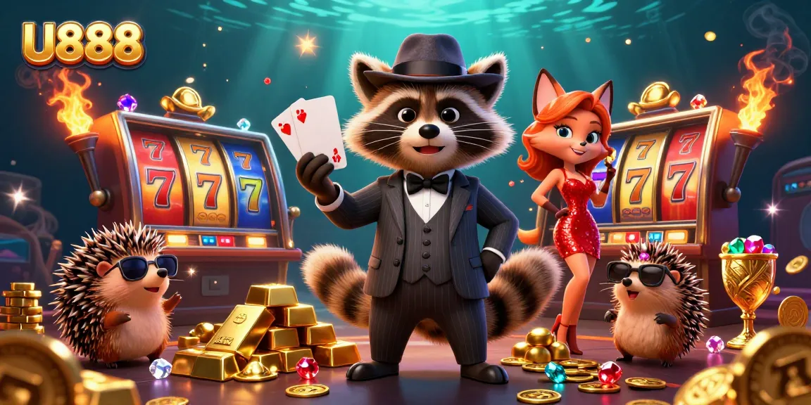 Engage with U888's thrilling casino scene featuring vibrant slot machines and charming characters.