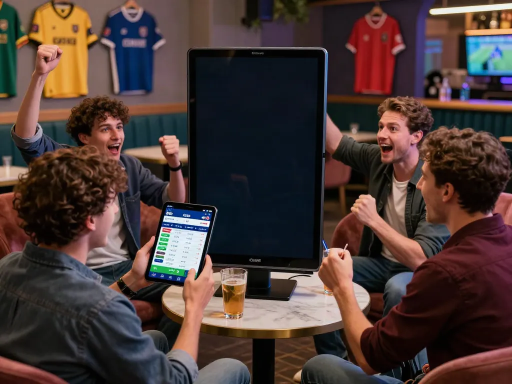 Friends enjoying a live sports match while using the UK88 betting app.
