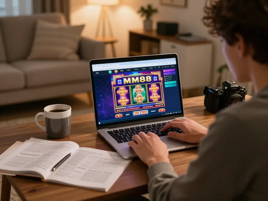 Player engaging with MM88 online slot games in a cozy home setup, reflecting strategic gaming.
