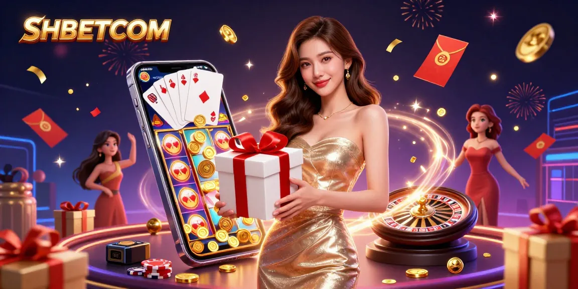 Experience the thrill of SHBETCOM with a festive casino scene featuring golden coins and a welcoming atmosphere.