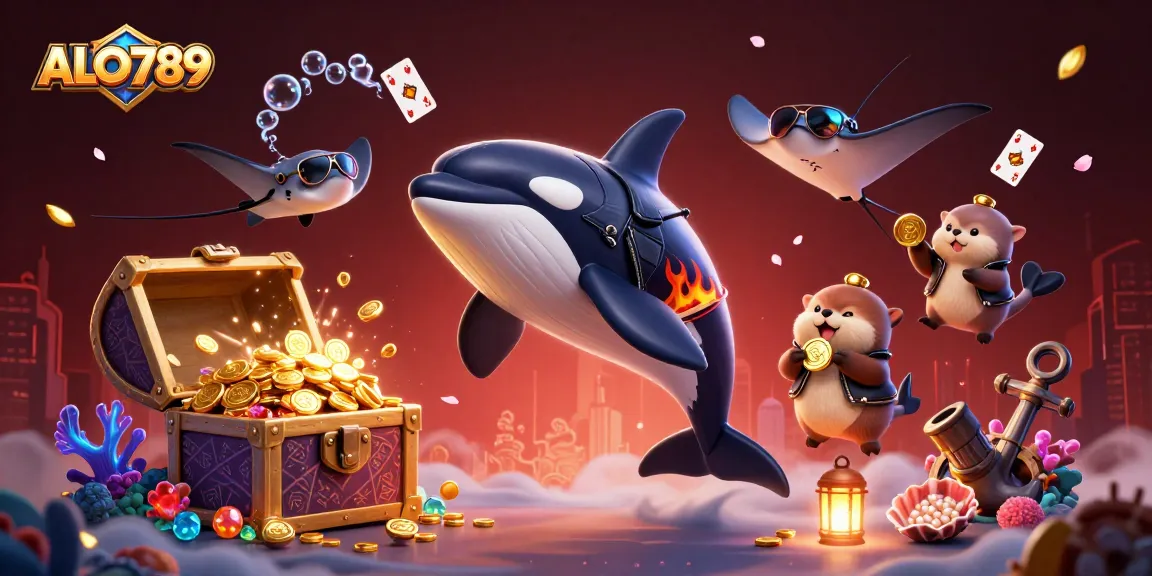 Engage in casino thrills with ALO789 as cartoon characters showcase vibrant gambling adventures undersea.