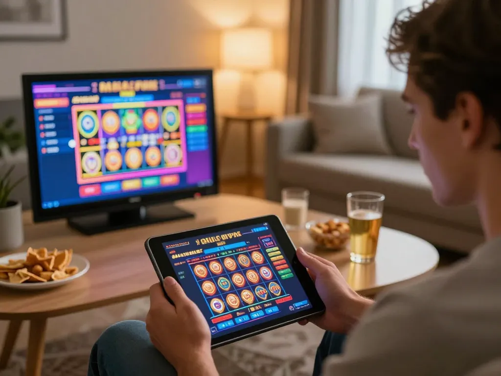 KJC member engaged in strategic online casino gaming experience at home with tablet.