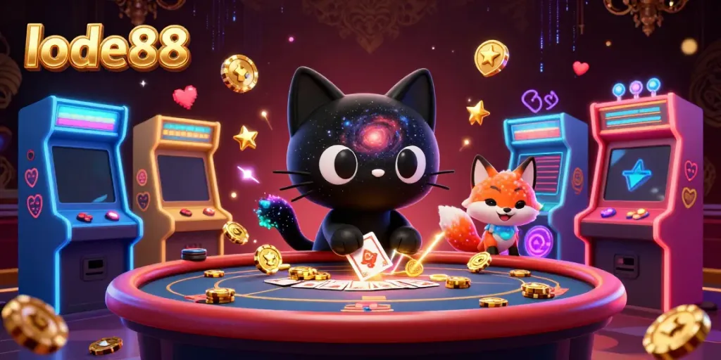 Experience the thrill of lode88 with a cosmic casino scene featuring a black hole cat and a nebula fox.