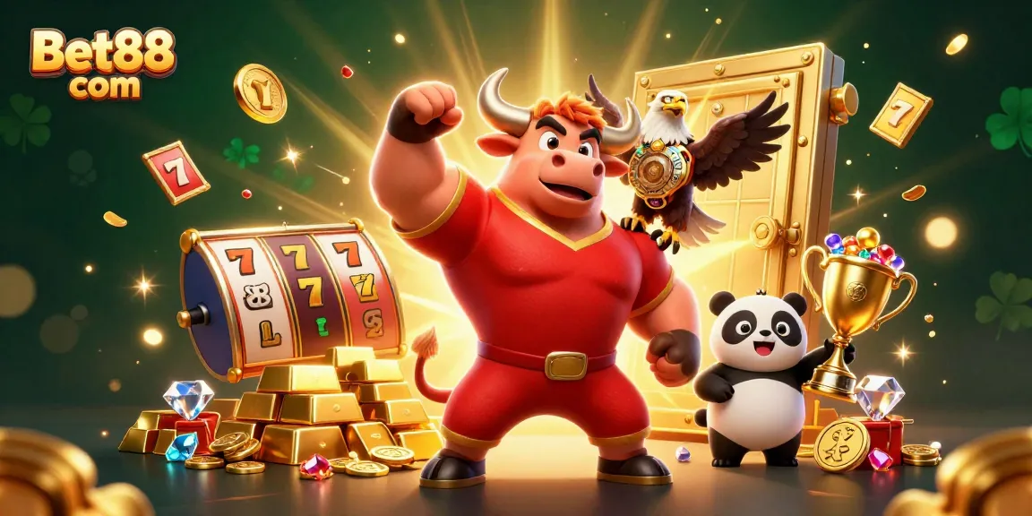 Experience exciting wins at Bet88 com with engaging slots and colorful jackpots in this vibrant illustration.