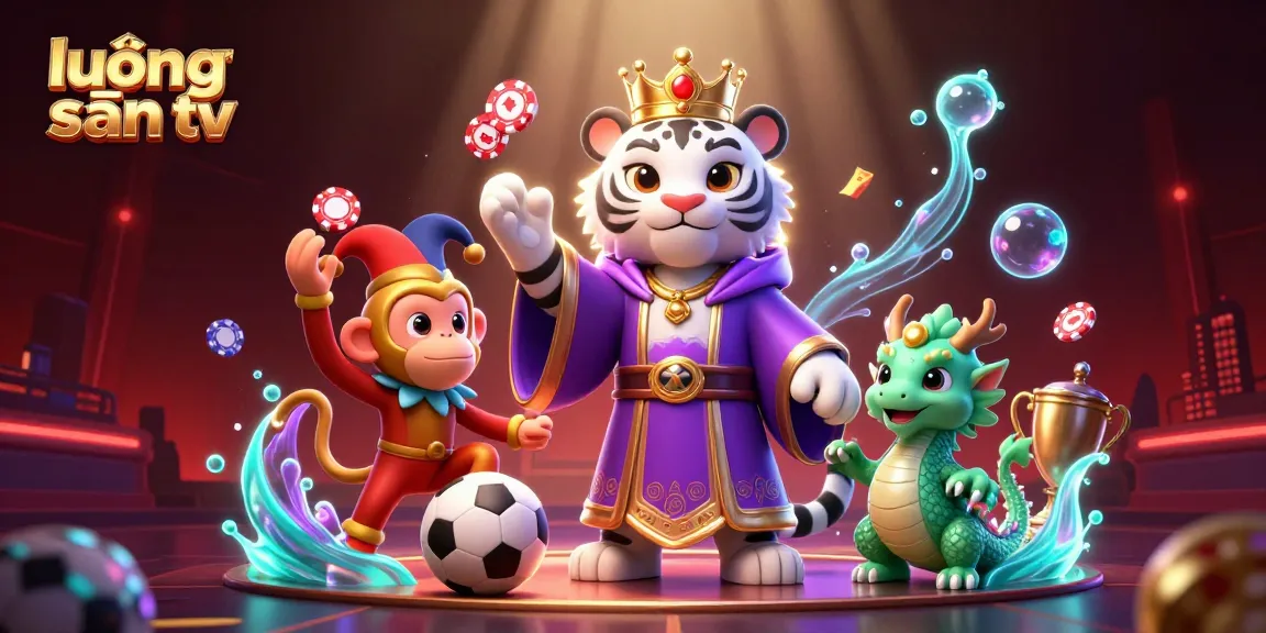 lương sơn tv showcases dynamic 3D illustration featuring a white tiger, jester monkey, and a jade dragon amidst a vibrant casino scene.