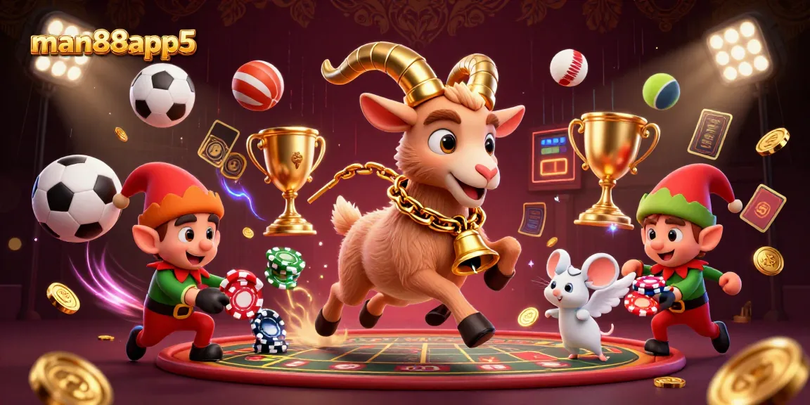 man88app5 presents a captivating casino scene with a Krampus goat, an angel mouse, and greedy elf gremlins in action.