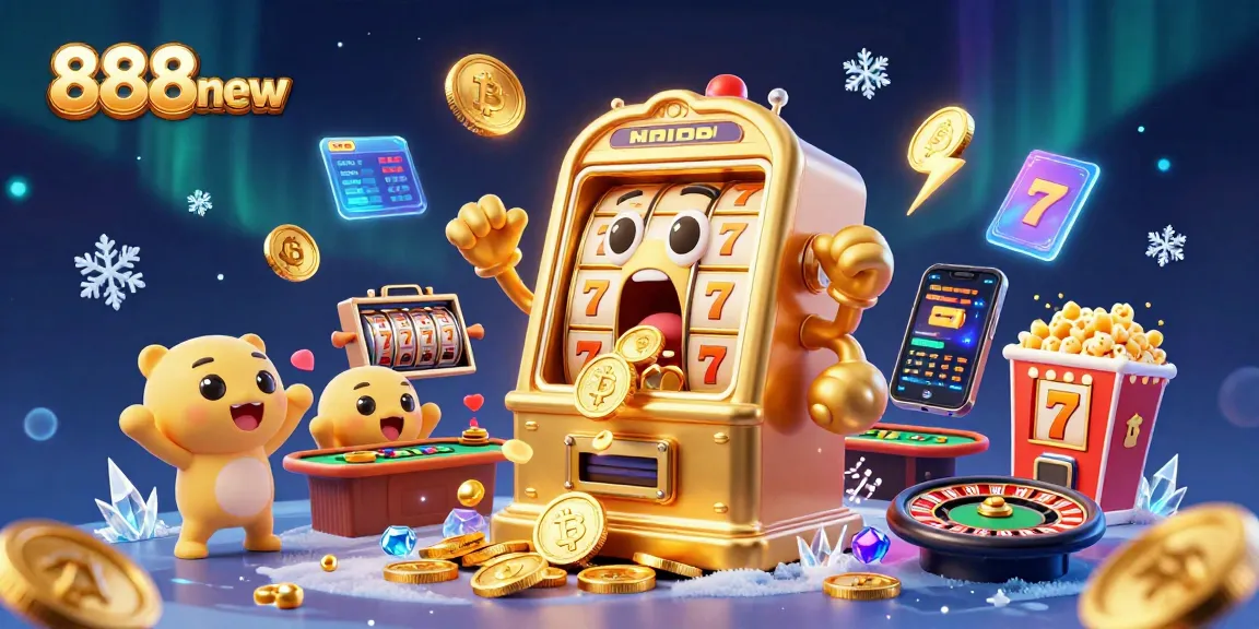 Experience the excitement of 888new with a vibrant scene showcasing a golden slot machine hitting a jackpot amidst coins and cheer