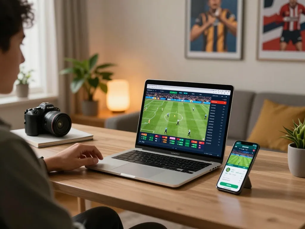 Placing bets on kèo nhà cái 5 with a laptop and smartphone in a cozy home setting.