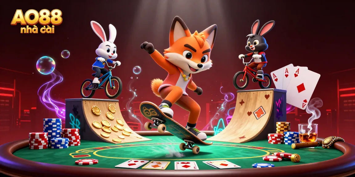 Experience the thrill of AO88 nhà cái with an energetic scene of a 3D skateboarder fox and BMX rabbit positioned amidst vibrant casino elements.