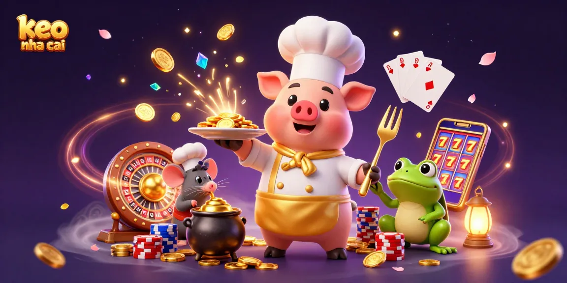 Engaging illustration of keo nha cai with a chef pig serving gold coins in a vibrant casino setting.
