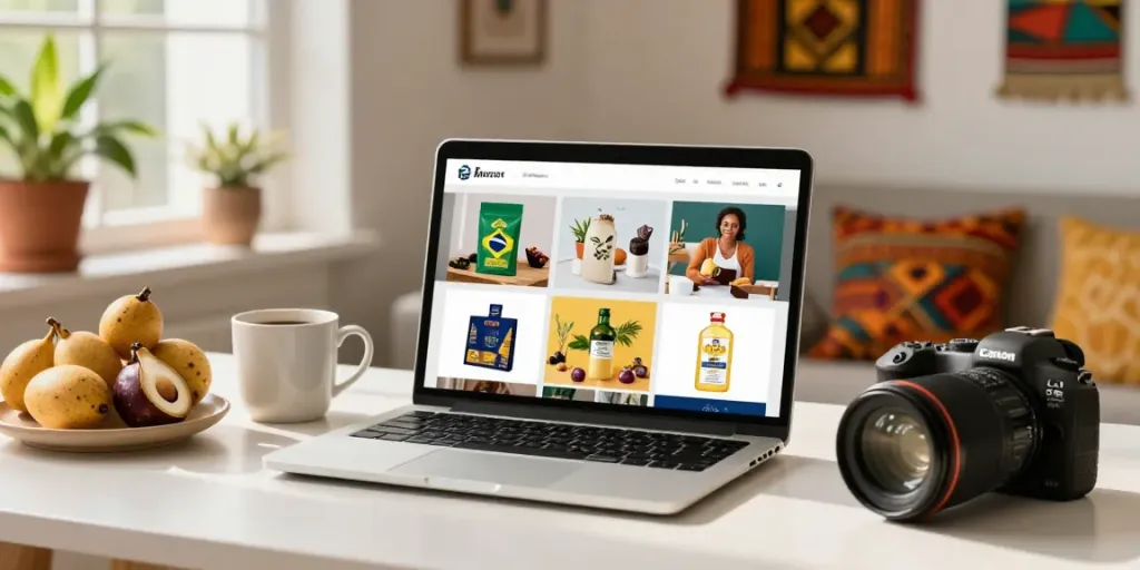 Experiencia de compra en línea de productos brasileños en un espacio acogedor.