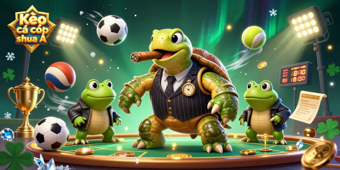 Kèo cá cược châu Á scene with a turtle mobster and bullfrog enforcers amidst vibrant sports betting elements.