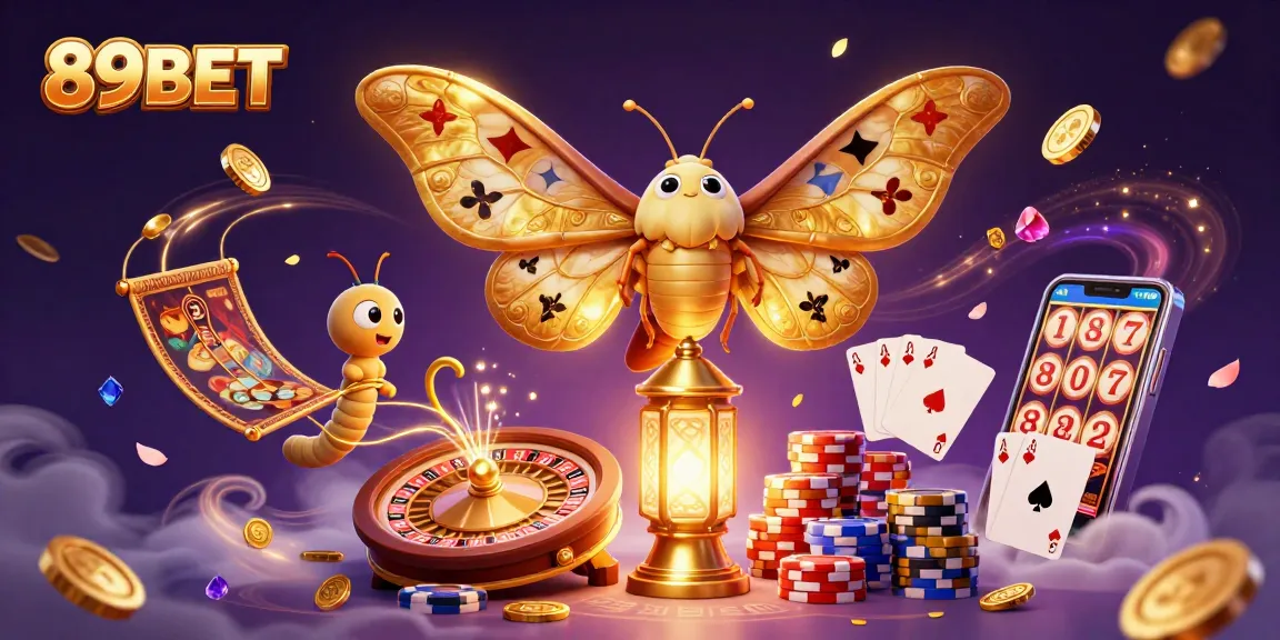 Experience thrilling casino action with 89BET's vibrant illustration depicting a majestic moth amidst gaming riches.