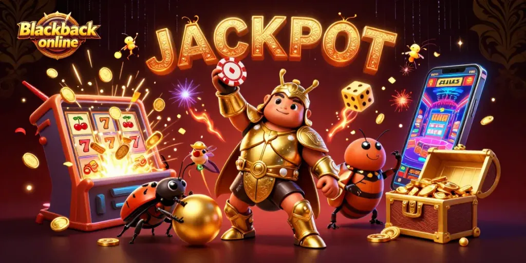 Juega blackjack online en una escena llena de acción con símbolos de casino brillantes y un fondo atractivo.